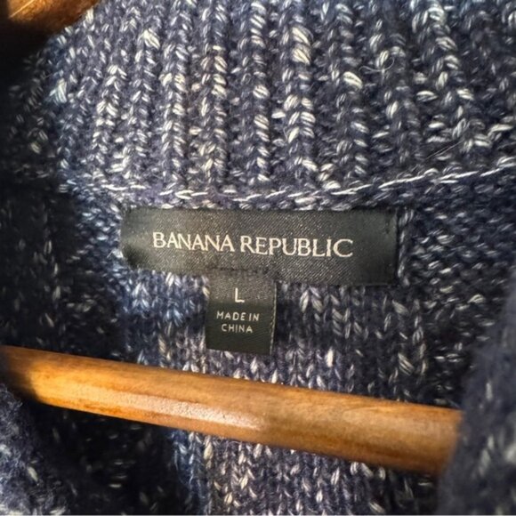 Banana Republic Sweater Mens Preppy Navy white Cable Knit Shawl Neck Yak Hair L - Picture 3 of 14